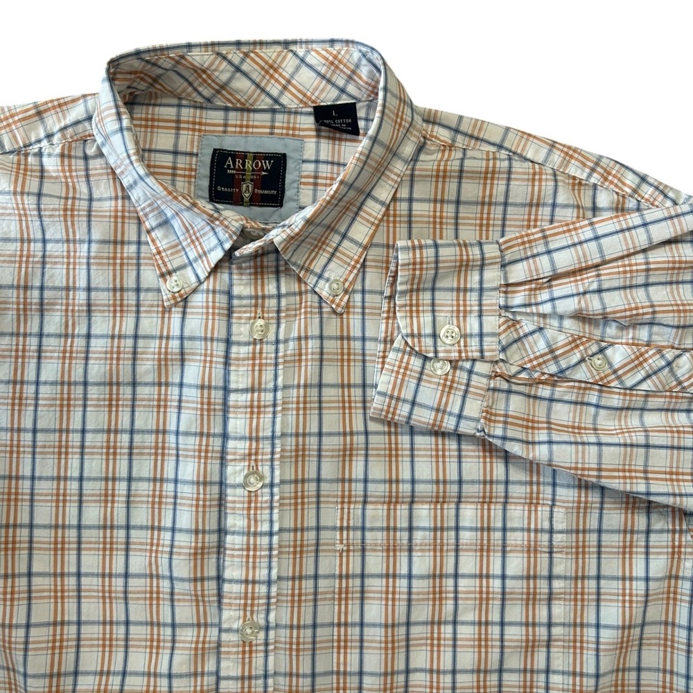 Arrow Mens Plaid Button Down Shirt Large Orange Blue Cotton Long Sleeve 435996